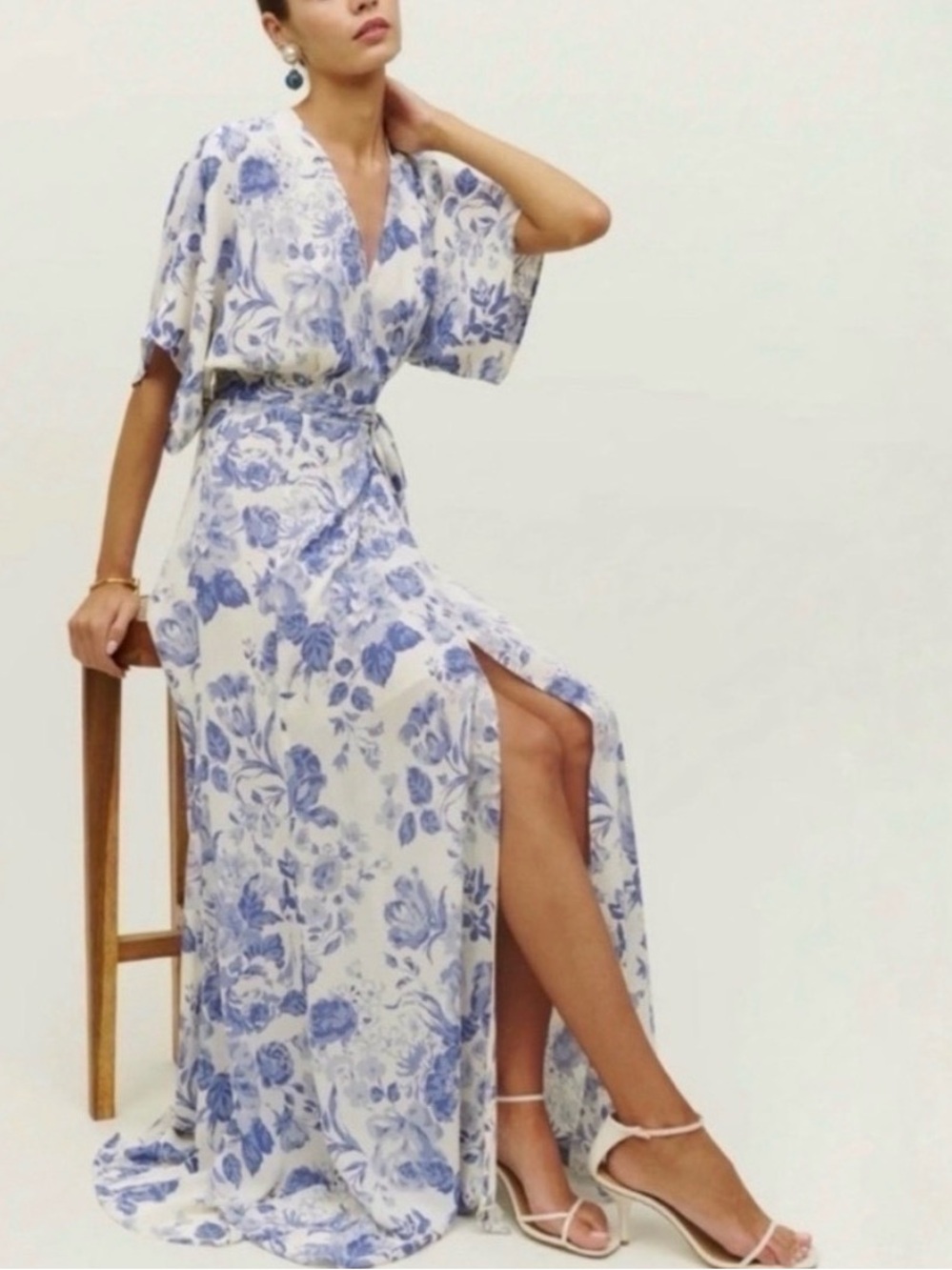 Reformation wrap around Maxi Dress with Blue Floral Print Size XS